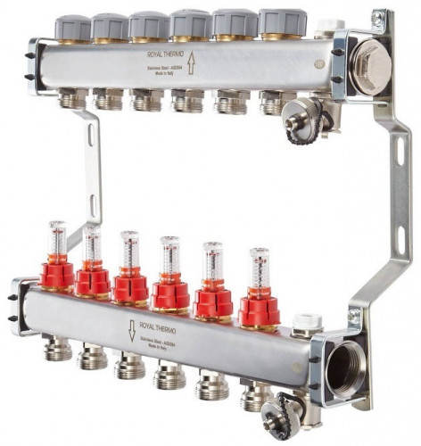 Для отопления Royal Thermo 1" ВР-3/4" НР, 6 выходов с расходомерами, нерж. (RTE 52.106)